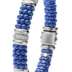 Lagos Silver 3 Station Ceramic Caviar Bracelet marine Diamond 9mm New 7.5”